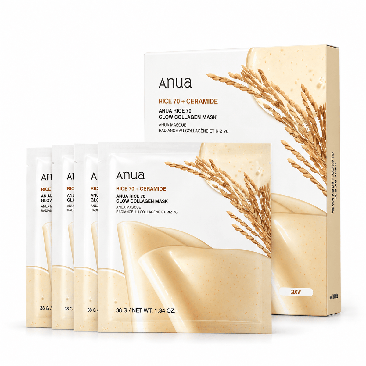 Anua Rice 70 Glow Collagen Mask box with four 38 g sachets