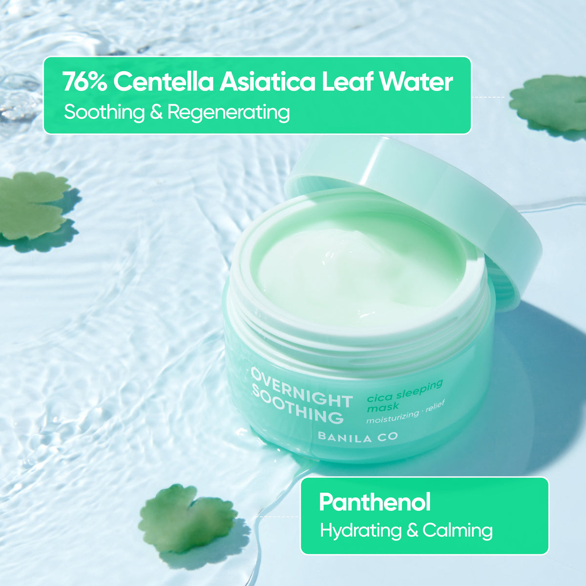 Banila Co Overnight Soothing Cica Sleeping Mask 100mL β Centella leaf water and panthenol highlights