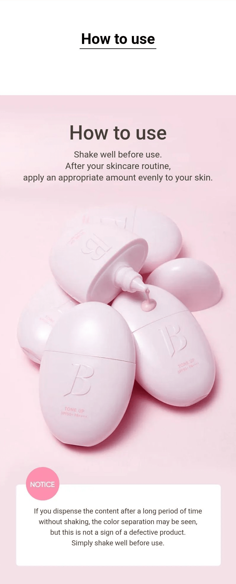 Banila Co All Day Prep Tone Up Base Cream SPF50+ PA++++ 35mL β Shake-before-use instructions and application guidance