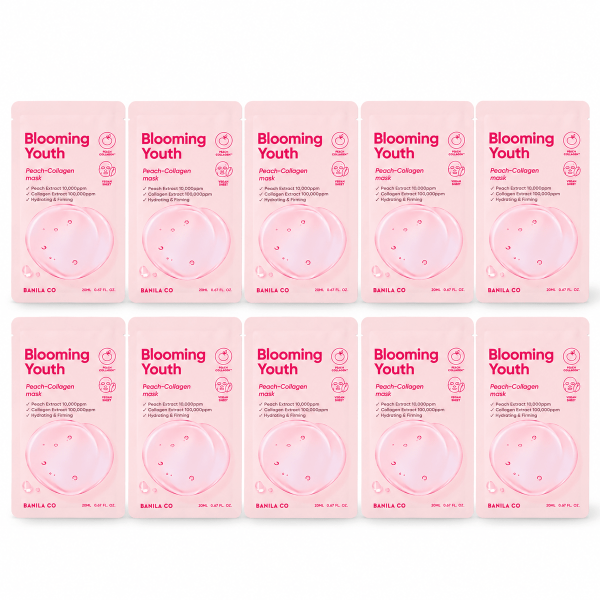 Banila Co Blooming Youth Peach Collagen Mask ten individually wrapped sheets