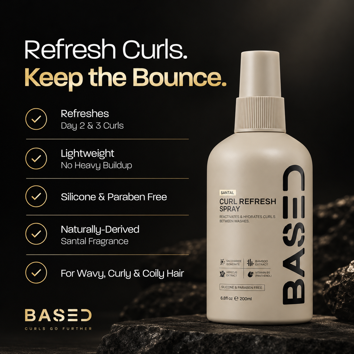 BASED Curl Refresh Spray day 2 and 3 curl refresh lightweight silicone and paraben free features