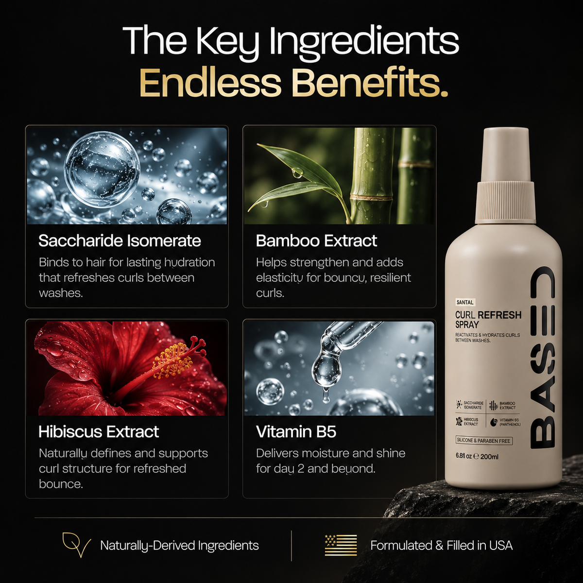 BASED Curl Refresh Spray key ingredients saccharide isomerate bamboo extract hibiscus extract and vitamin B5
