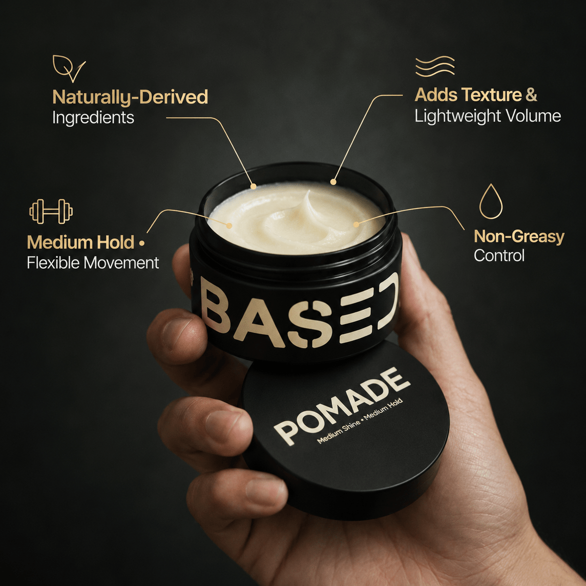 BASED Pomade naturally derived ingredients medium hold texture volume and non-greasy control