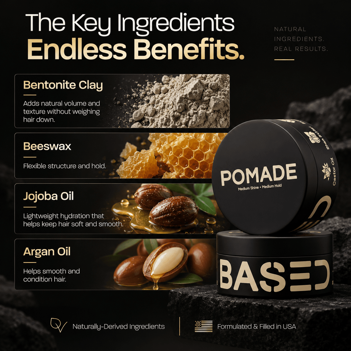 BASED Pomade key ingredients bentonite clay beeswax jojoba oil and argan oil