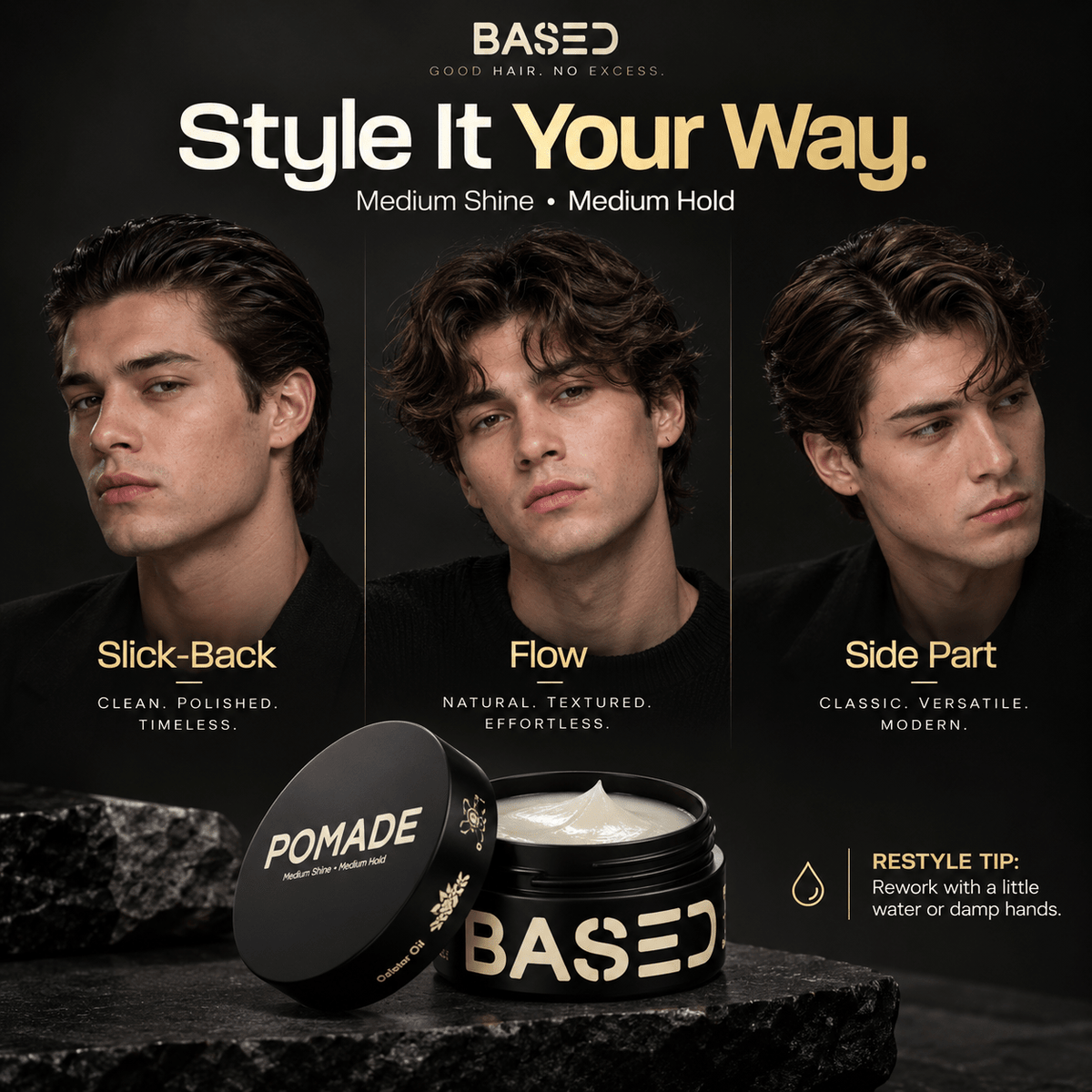 BASED Pomade slick back flow side part and restyling guide