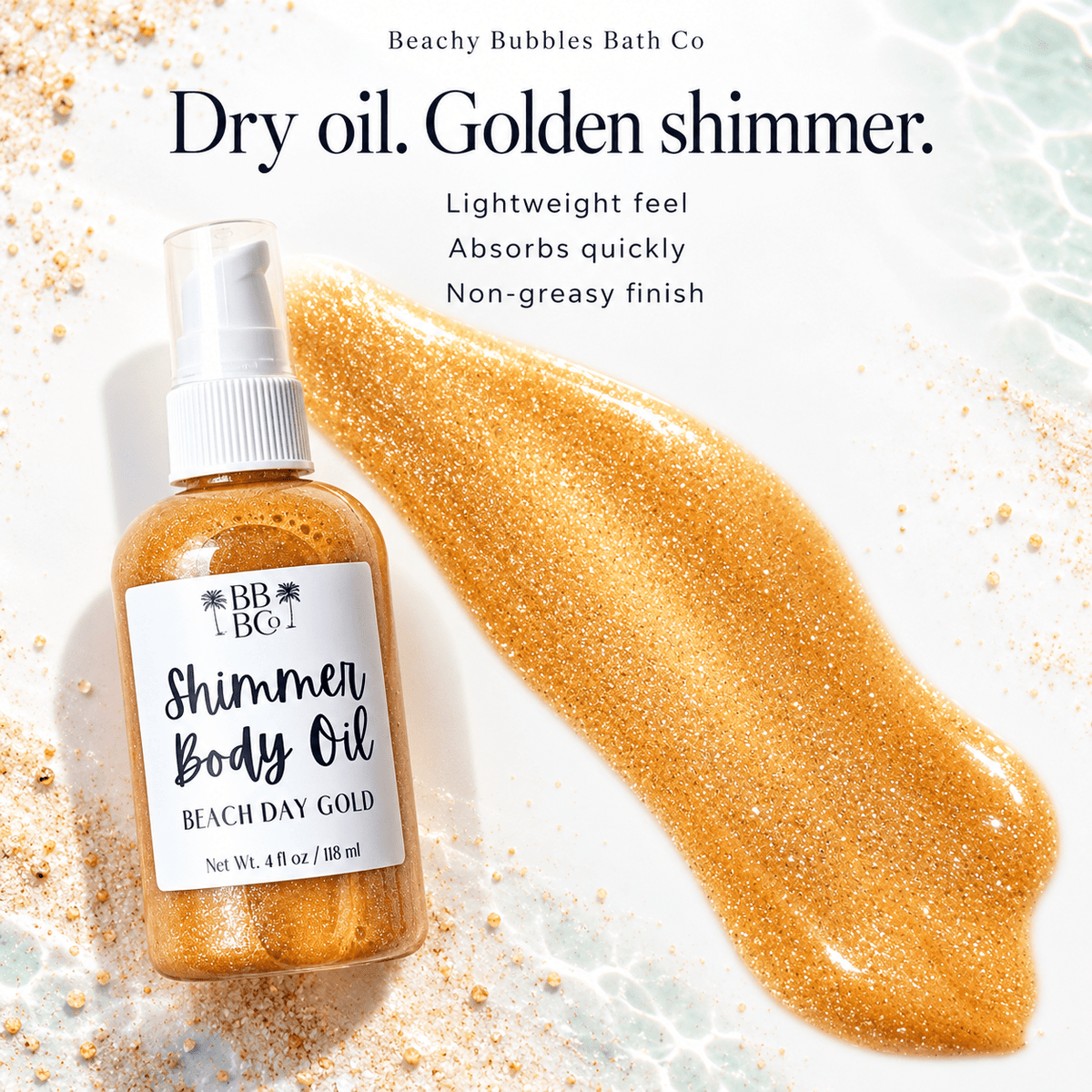 Fine gold shimmer swatch showing Beach Day Gold's lightweight, fast-absorbing, non-greasy dry-oil texture