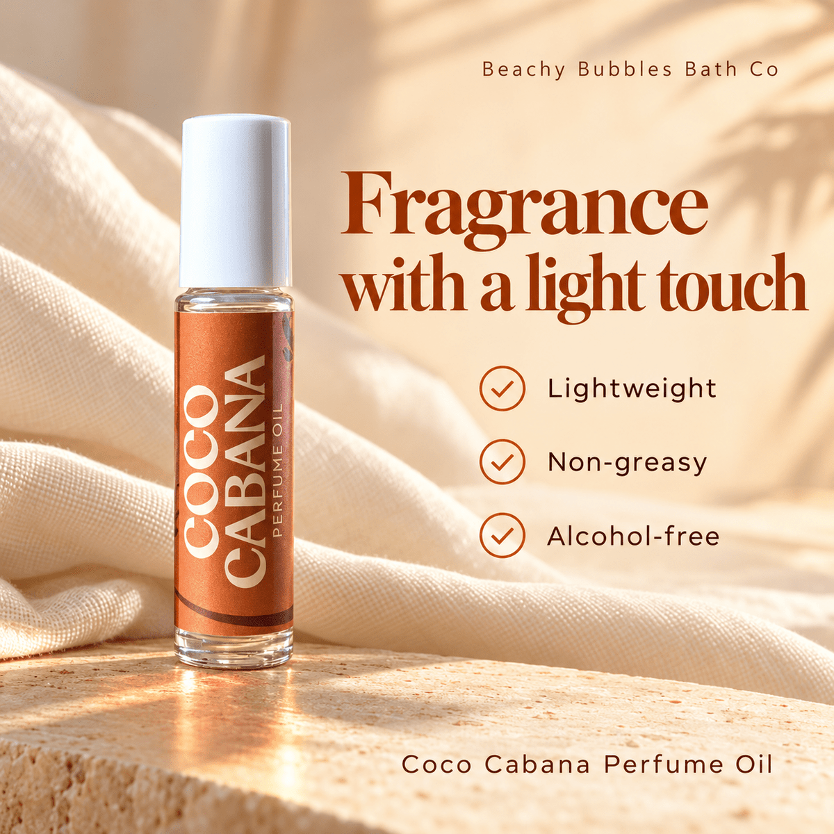 Beachy Bubbles Bath Co Coco Cabana Perfume Oil highlighting its lightweight, non-greasy and alcohol-free formula.