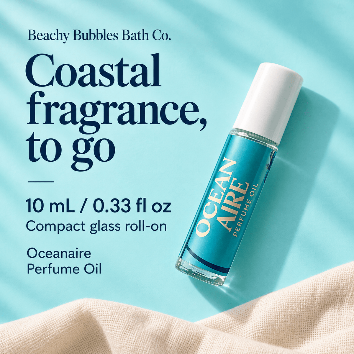 Beachy Bubbles Bath Co Oceanaire Perfume Oil in a compact 10 mL / 0.33 fl oz glass roll-on bottle.