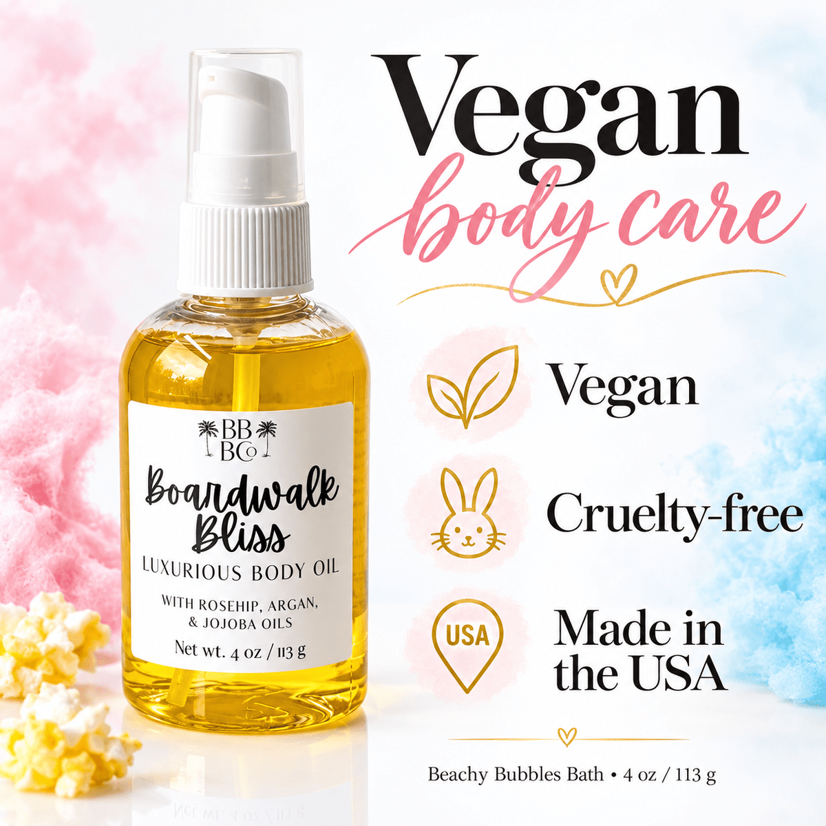 Beachy Bubbles Bath Boardwalk Bliss body oil: vegan, cruelty-free and made in the USA