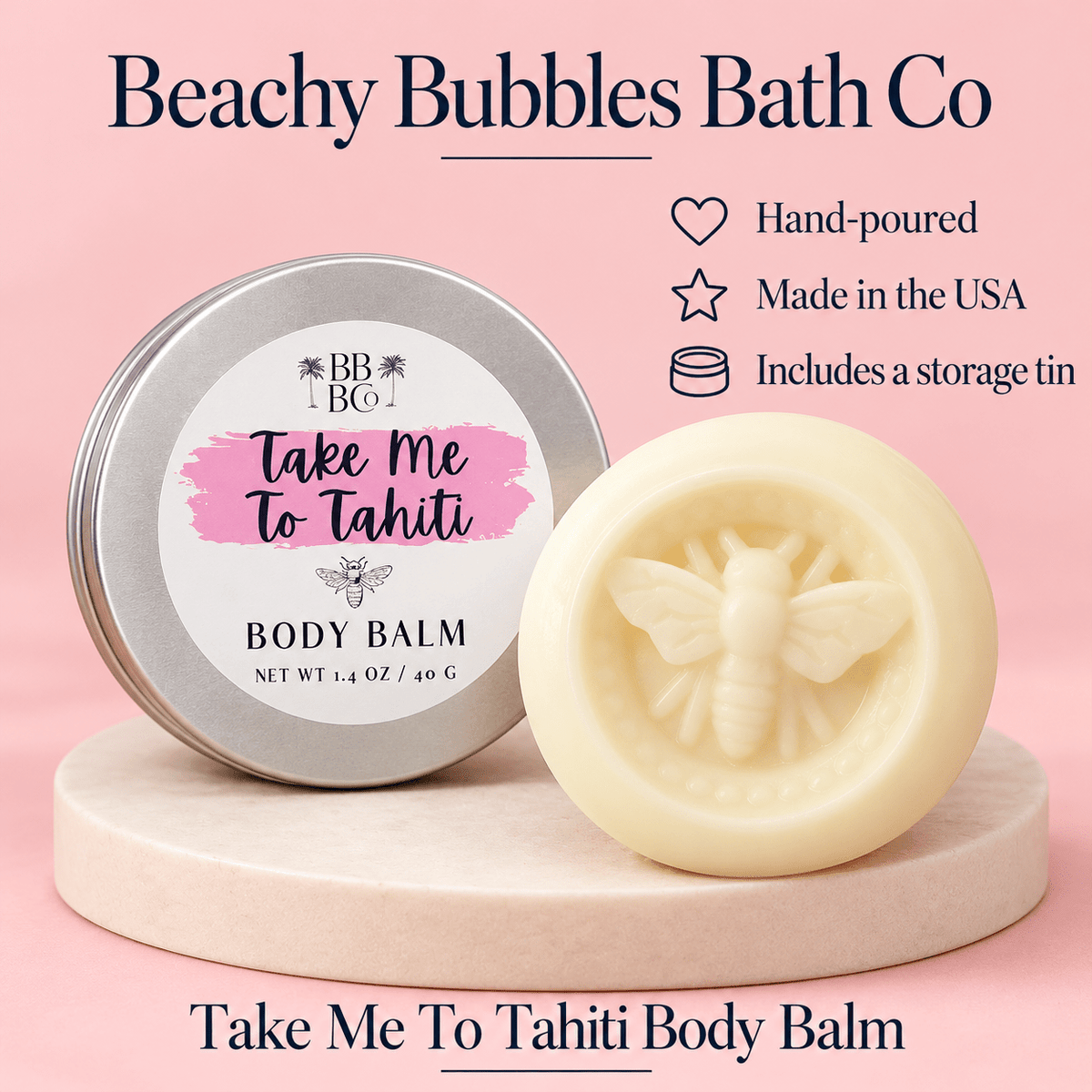 Hand-poured Take Me To Tahiti Body Balm made in the USA, with its included silver storage tin on an ivory pedestal.