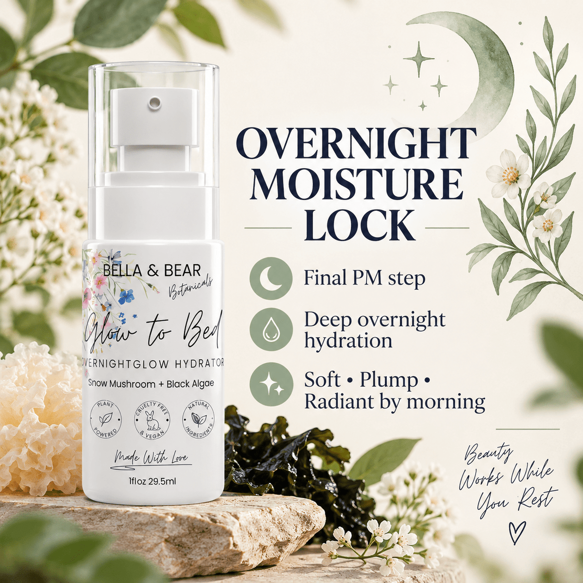 Bella & Bear Glow-To-Bed overnight hydration benefits infographic