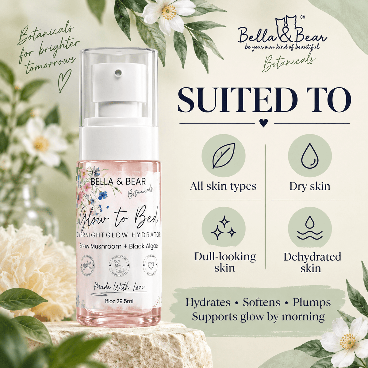 Bella & Bear Glow-To-Bed suitable skin types infographic