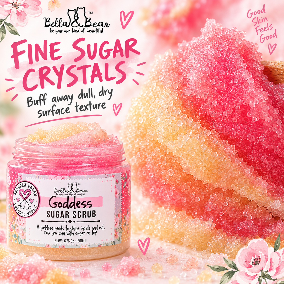 Bella & Bear Goddess Sugar Scrub fine sugar crystal texture infographic