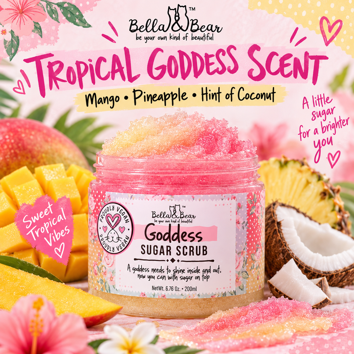 Bella & Bear Goddess Sugar Scrub tropical mango pineapple coconut scent infographic