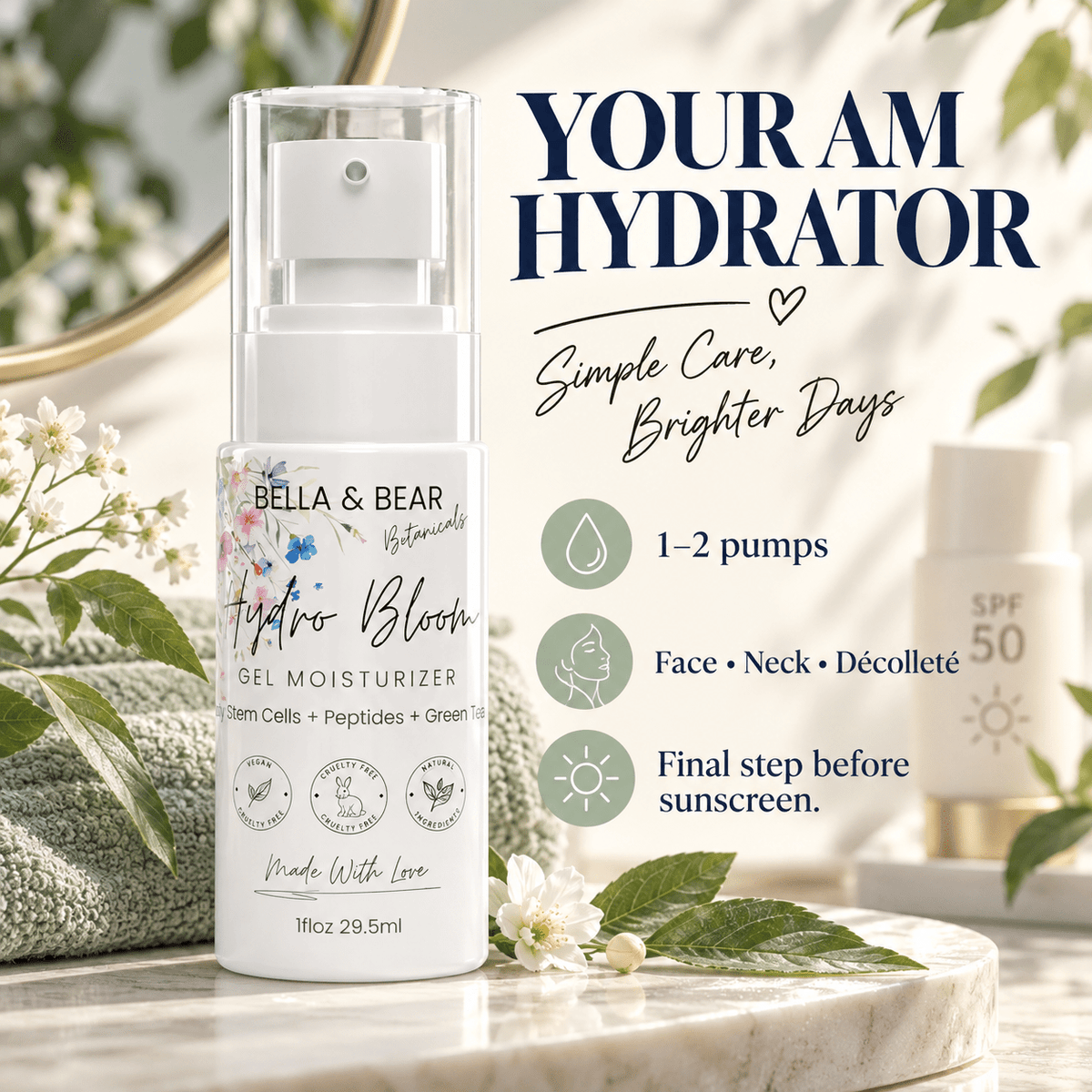 Bella & Bear Hydro Bloom AM skincare routine infographic