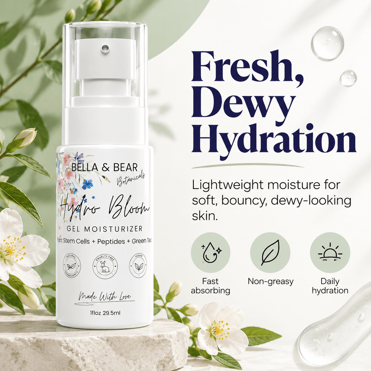 Bella & Bear Hydro Bloom fresh dewy hydration infographic