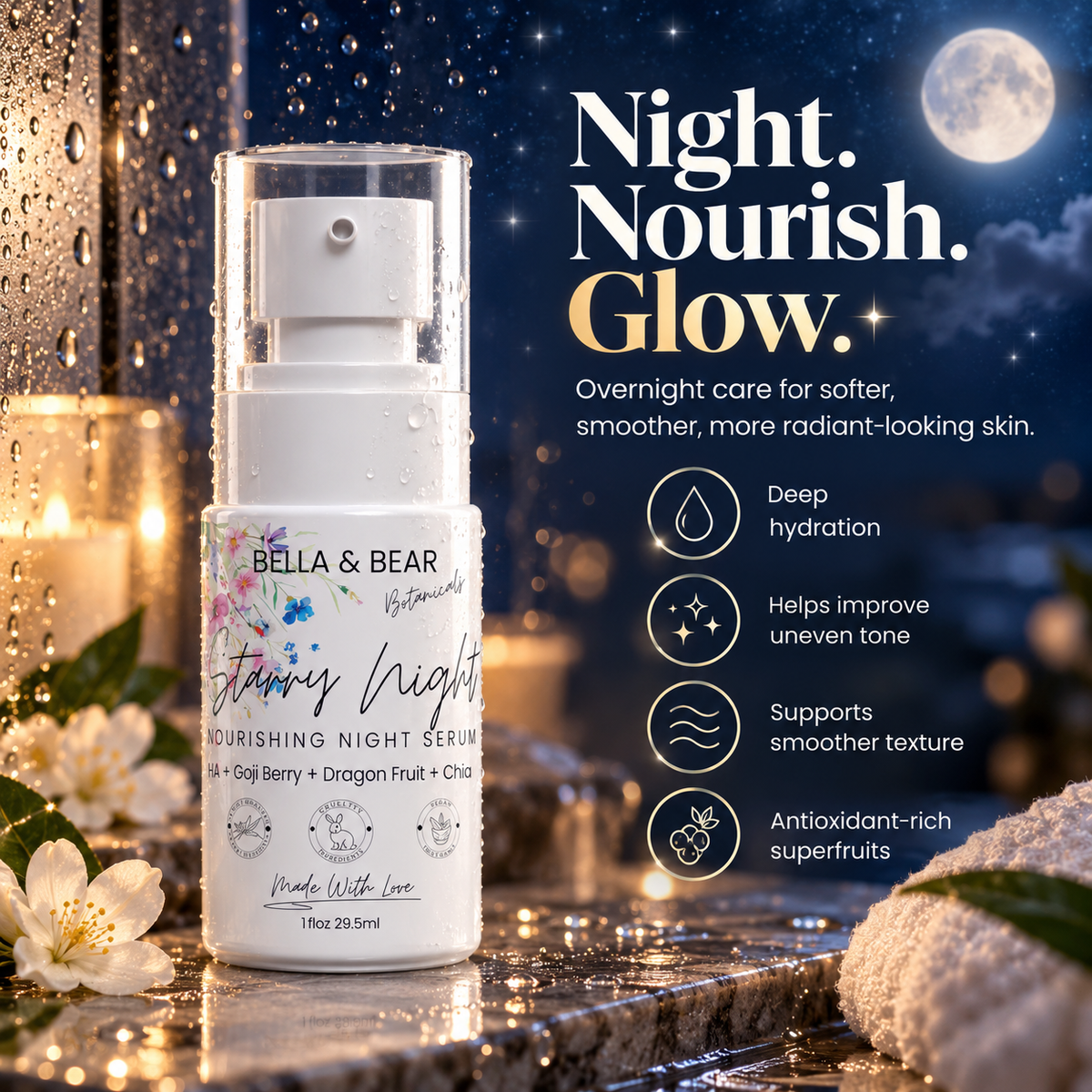 Starry Night nourishing night serum overnight hydration texture tone and antioxidant benefits