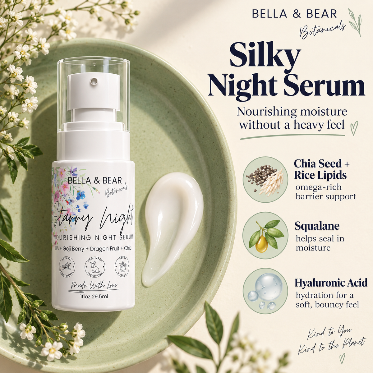 Starry Night silky night serum texture with chia rice lipids squalane and hyaluronic acid