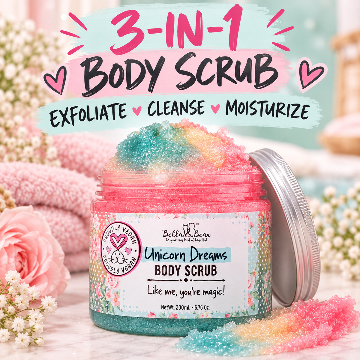 Bella & Bear Unicorn Dreams Body Scrub exfoliate cleanse moisturize infographic