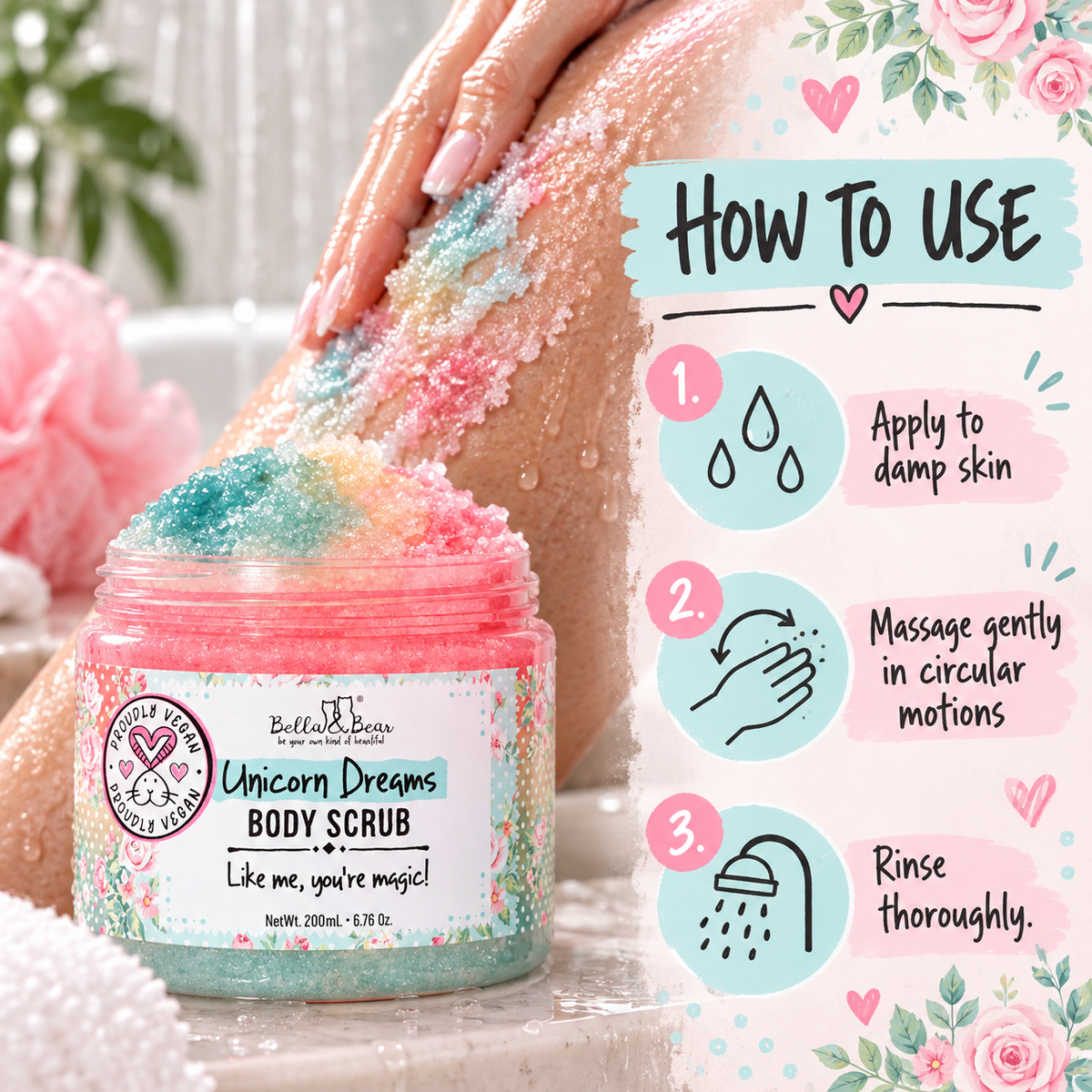 Bella & Bear Unicorn Dreams Body Scrub how to use infographic