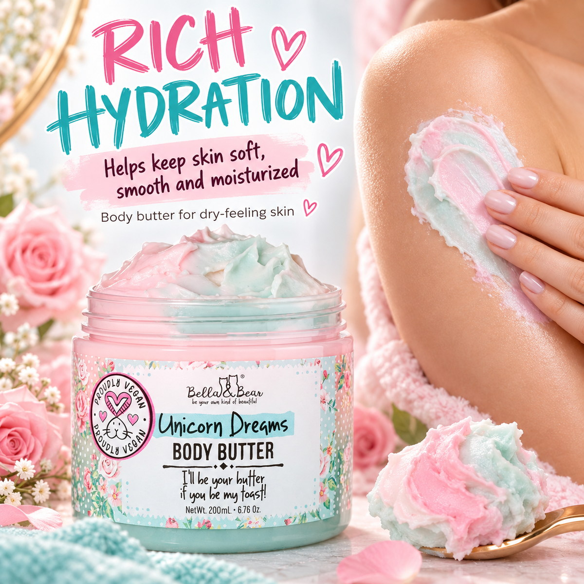 Bella & Bear Unicorn Dreams Body Butter rich hydration infographic
