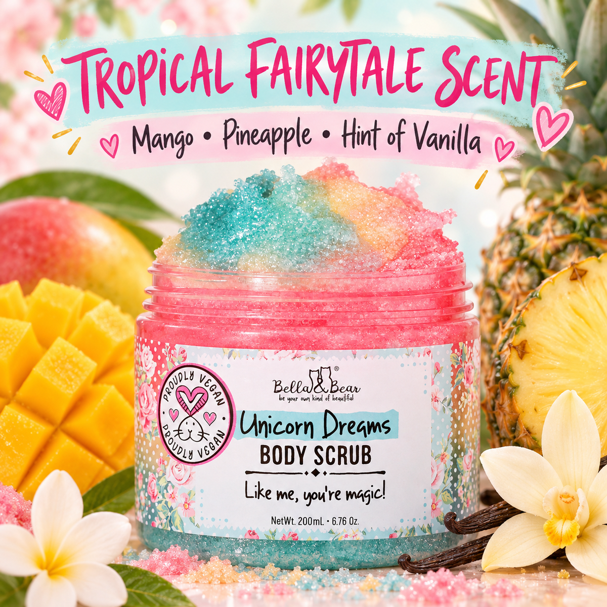 Bella & Bear Unicorn Dreams Body Scrub mango pineapple vanilla scent infographic
