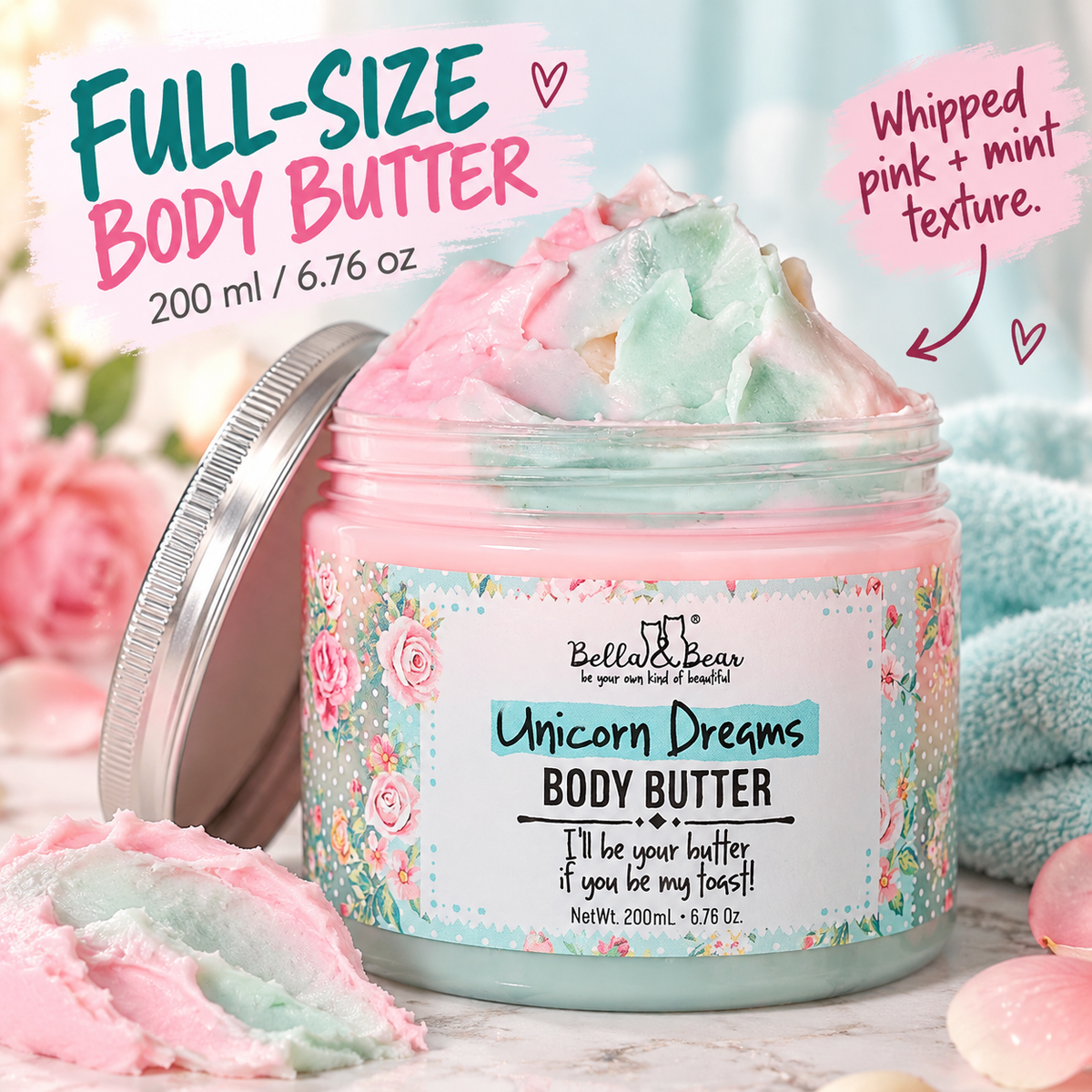 Bella & Bear Unicorn Dreams Body Butter 200 ml size and texture infographic
