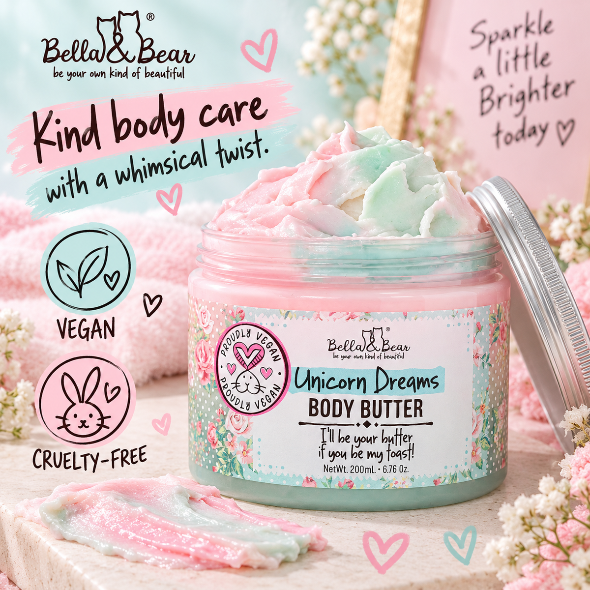 Bella & Bear Unicorn Dreams Body Butter vegan cruelty-free infographic