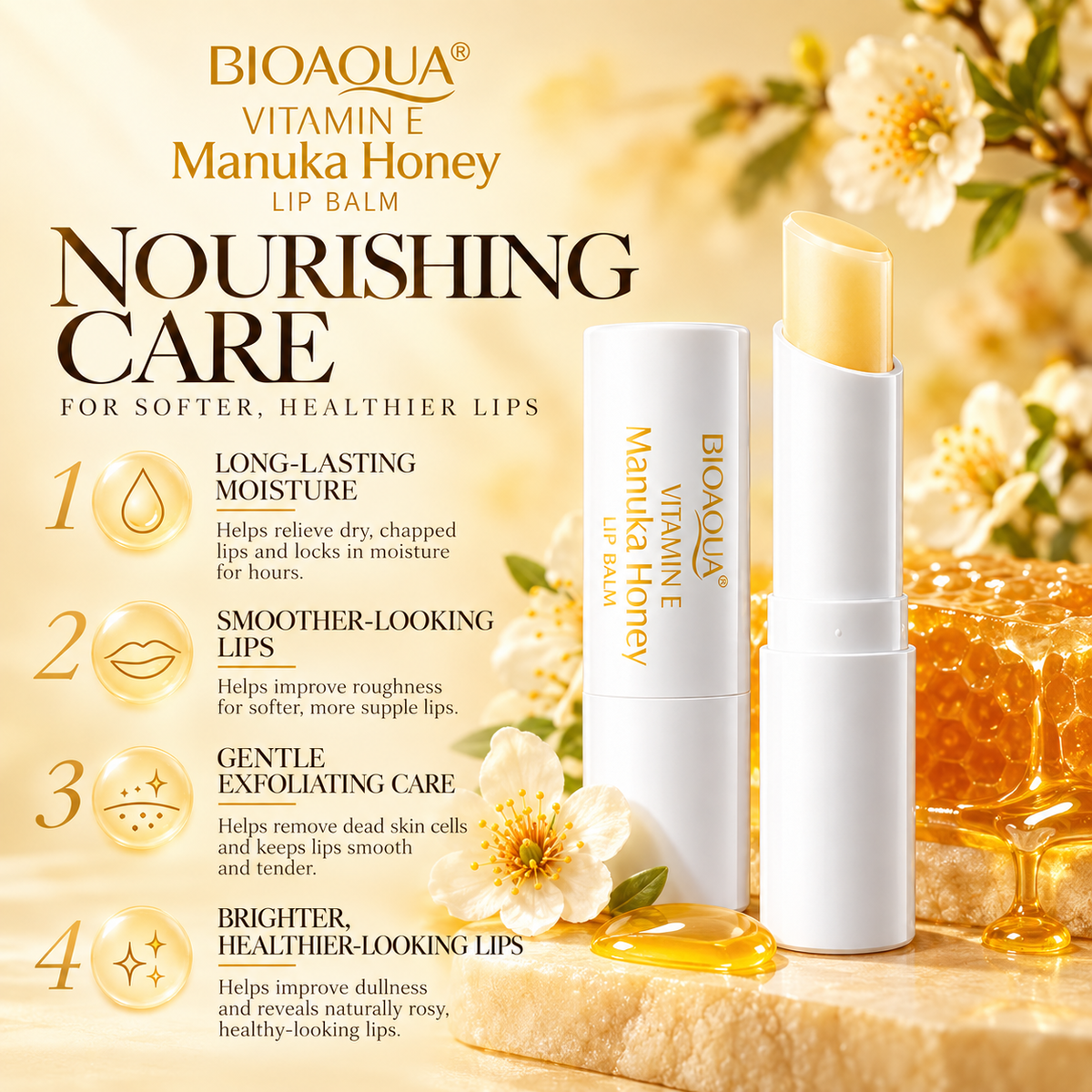 BIOAQUA Manuka Honey Lip Balm benefits infographic