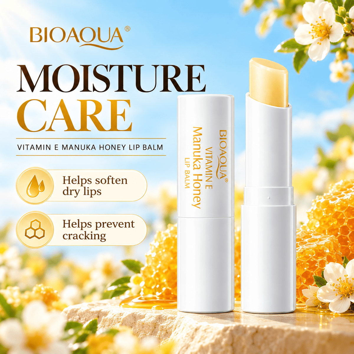 BIOAQUA Manuka Honey Lip Balm moisture care infographic