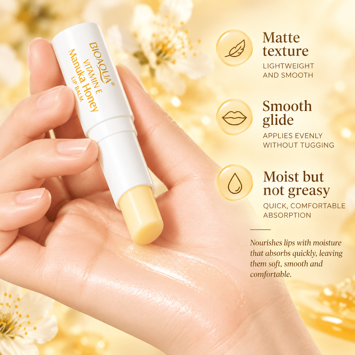 BIOAQUA Manuka Honey Lip Balm smooth texture infographic