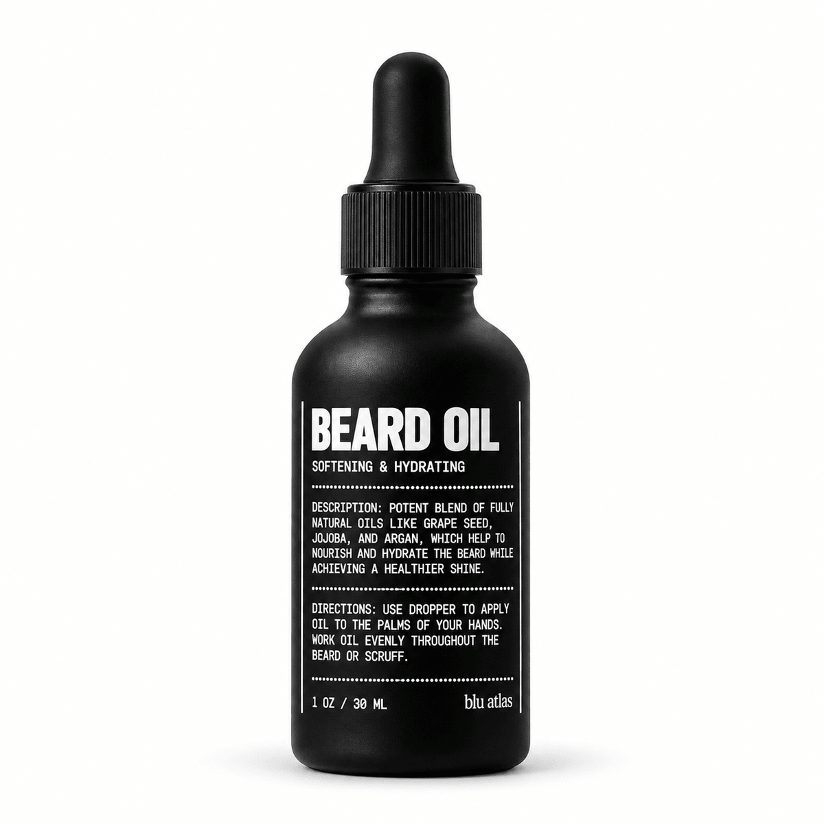 Blu Atlas Beard Oil 30 ml matte black dropper bottle on white