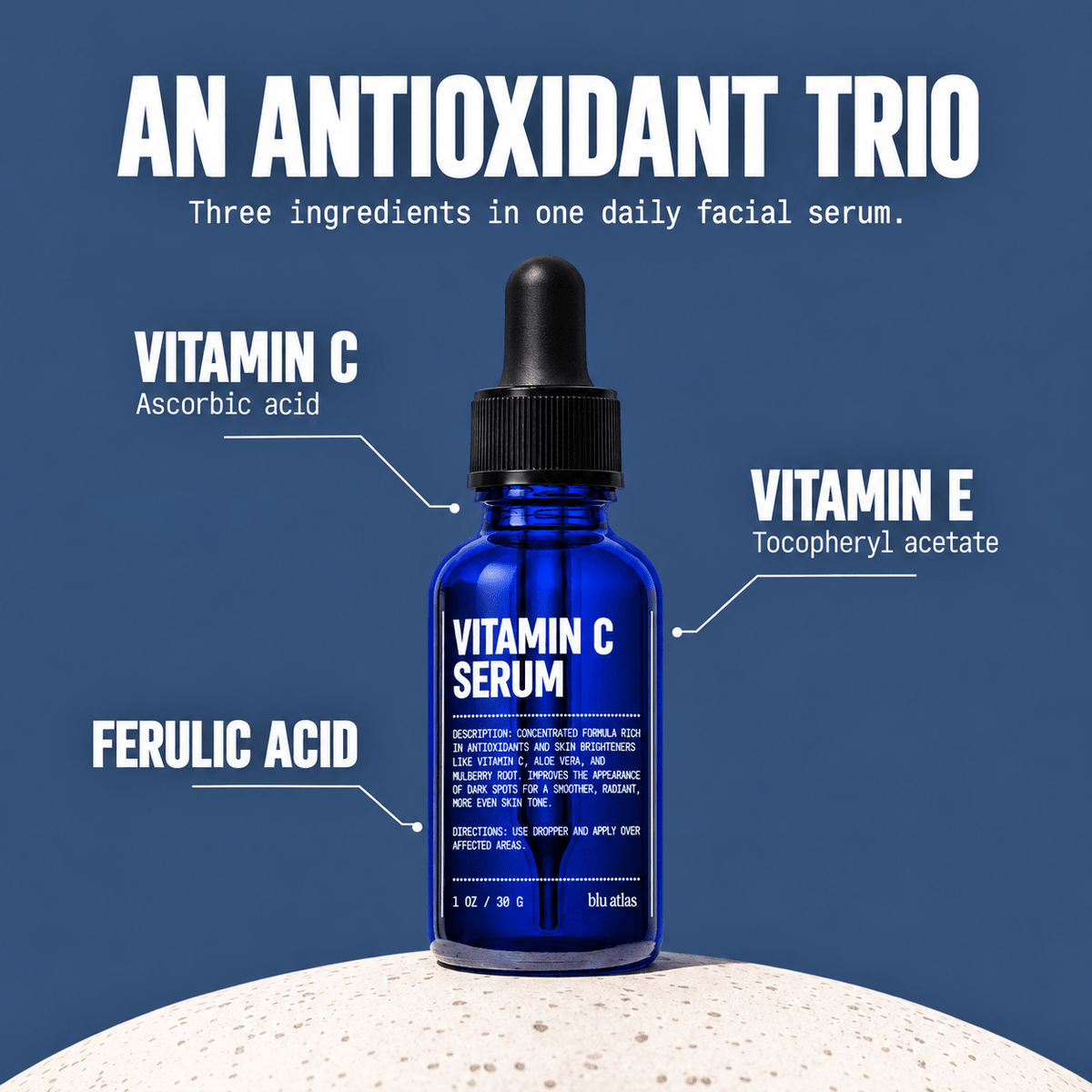 Vitamin C vitamin E and ferulic acid in Blu Atlas serum
