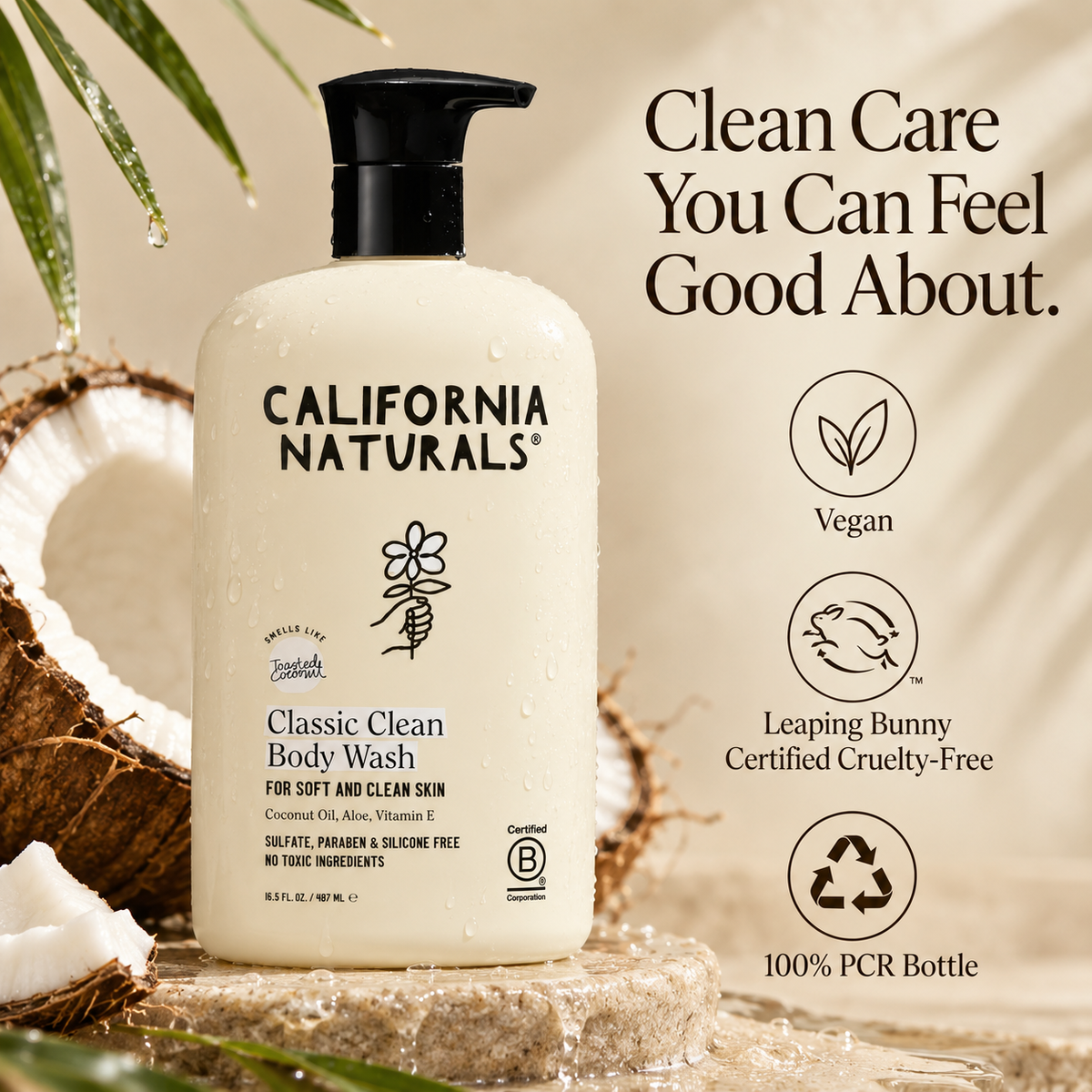 California Naturals body wash vegan cruelty free PCR bottle infographic