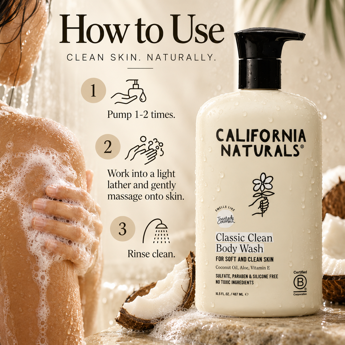 California Naturals body wash how to use infographic