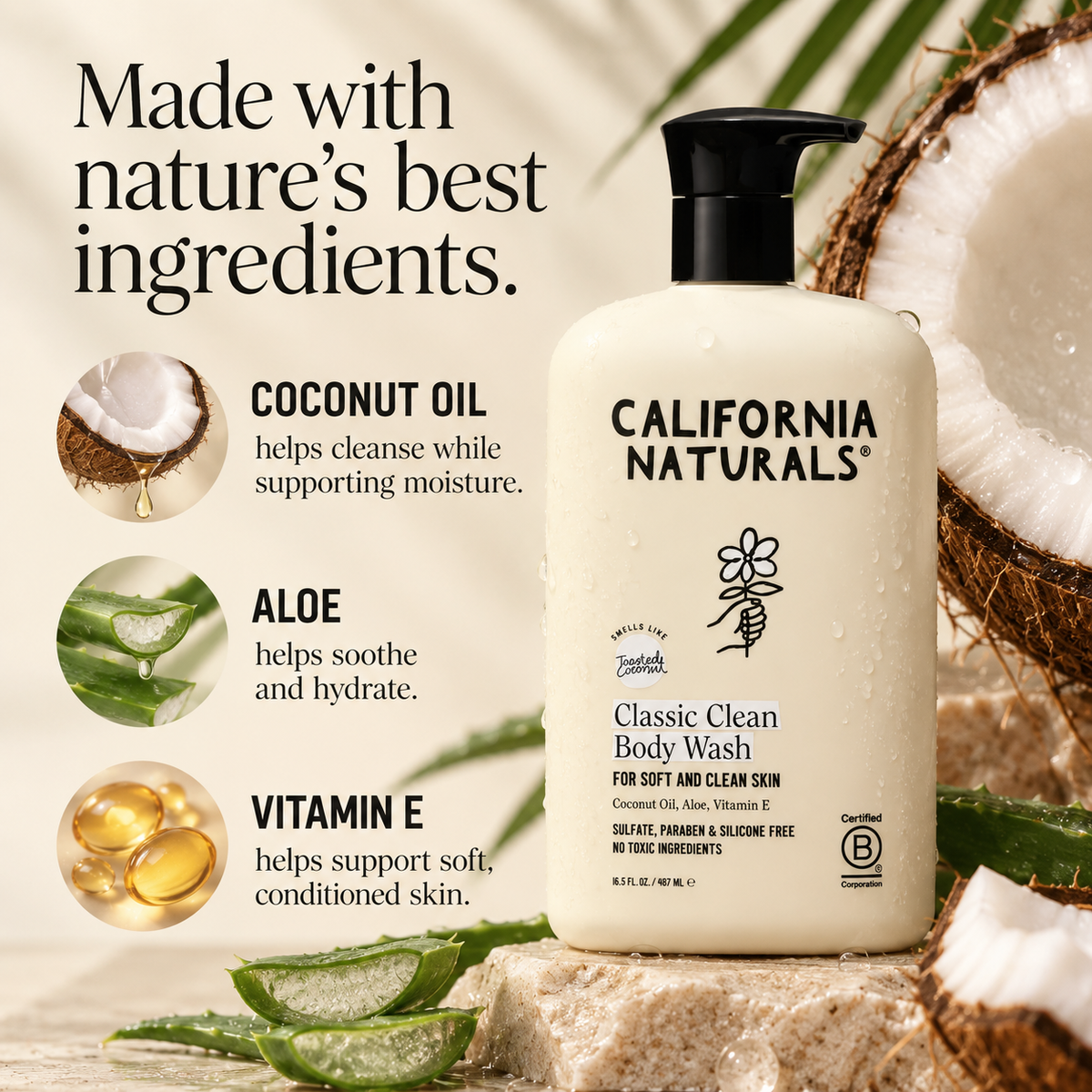 California Naturals body wash coconut oil aloe vitamin E infographic