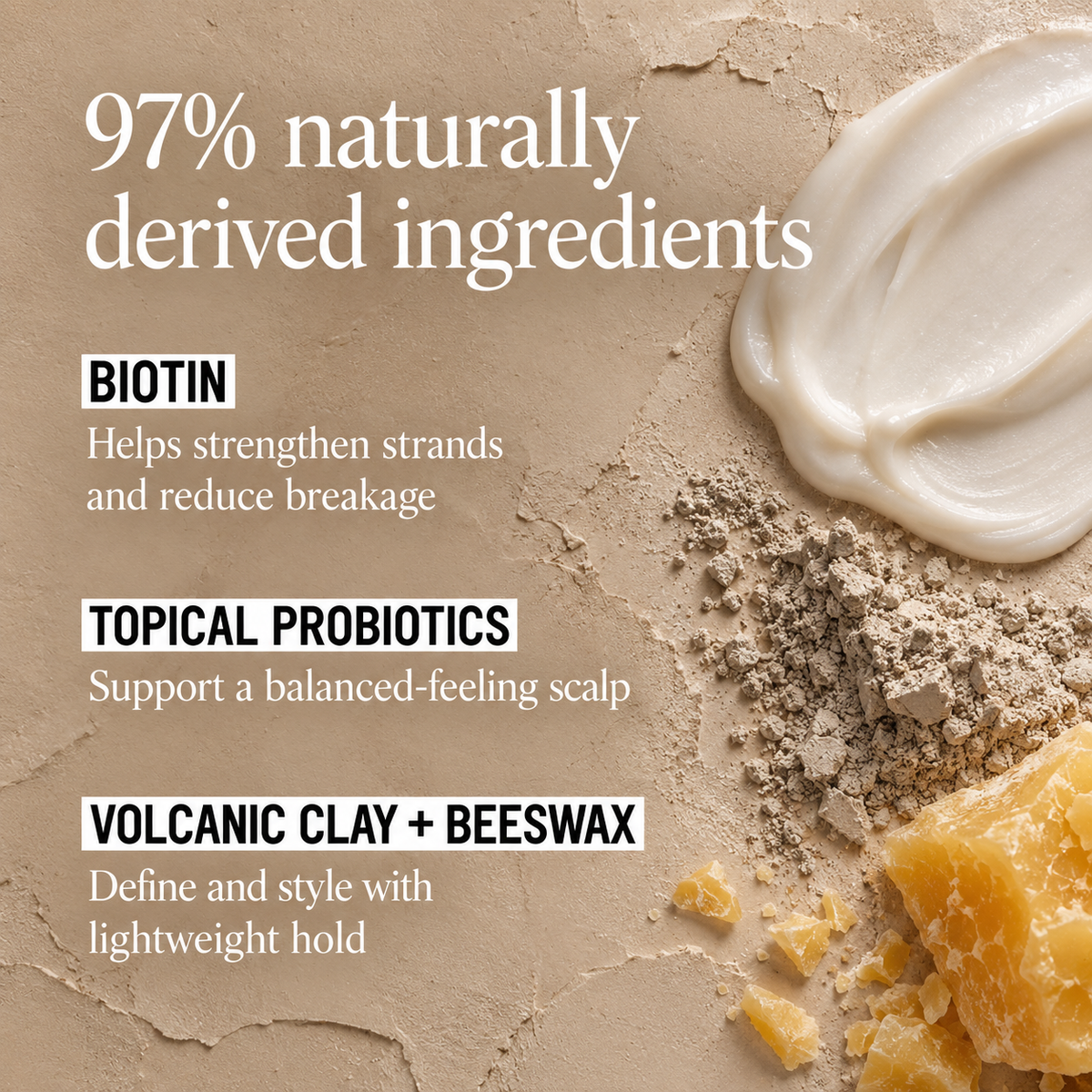 California Naturals Daily Vitamin Hair Styler key ingredients including biotin, topical probiotics, volcanic clay and beeswax
