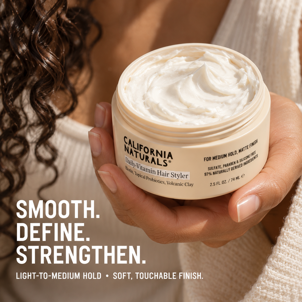 California Naturals Daily Vitamin Hair Styler smooth define strengthen texture and styling infographic