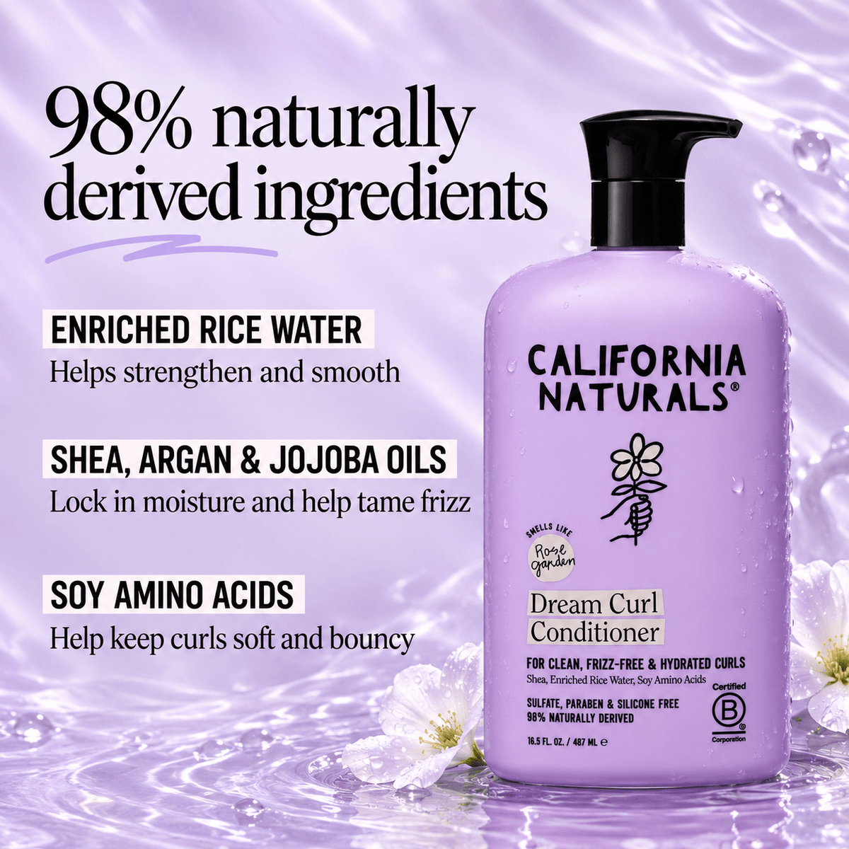 Dream Curl Conditioner key ingredients including rice water and botanical oils