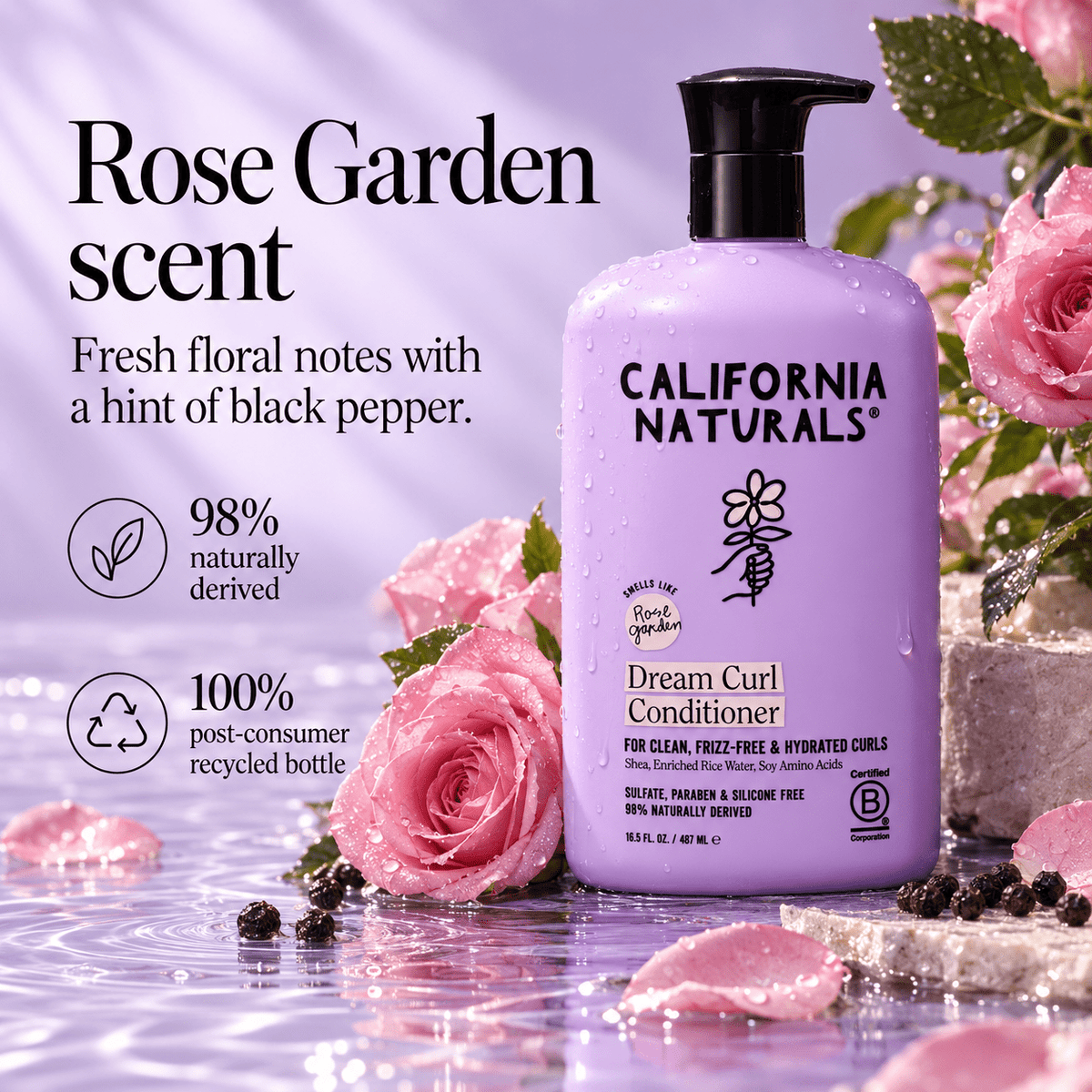 Dream Curl Conditioner Rose Garden scent and recycled pump bottle