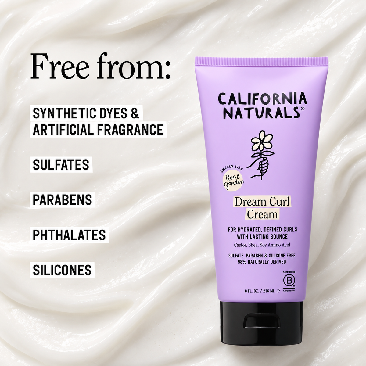 California Naturals Dream Curl Cream free from synthetic dyes, artificial fragrance, sulfates, parabens, phthalates and silicones