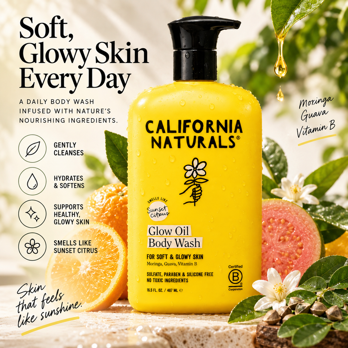 California Naturals Glow Oil Body Wash soft glowy skin infographic