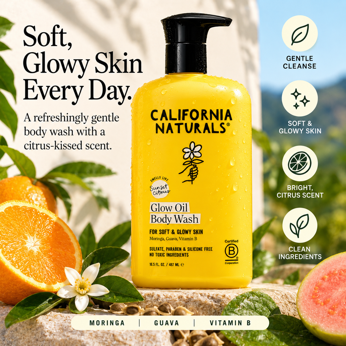 California Naturals Glow Oil Body Wash ingredient infographic