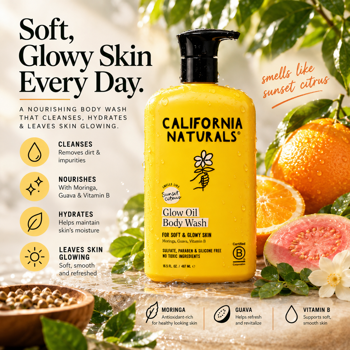 California Naturals Glow Oil Body Wash key features infographic