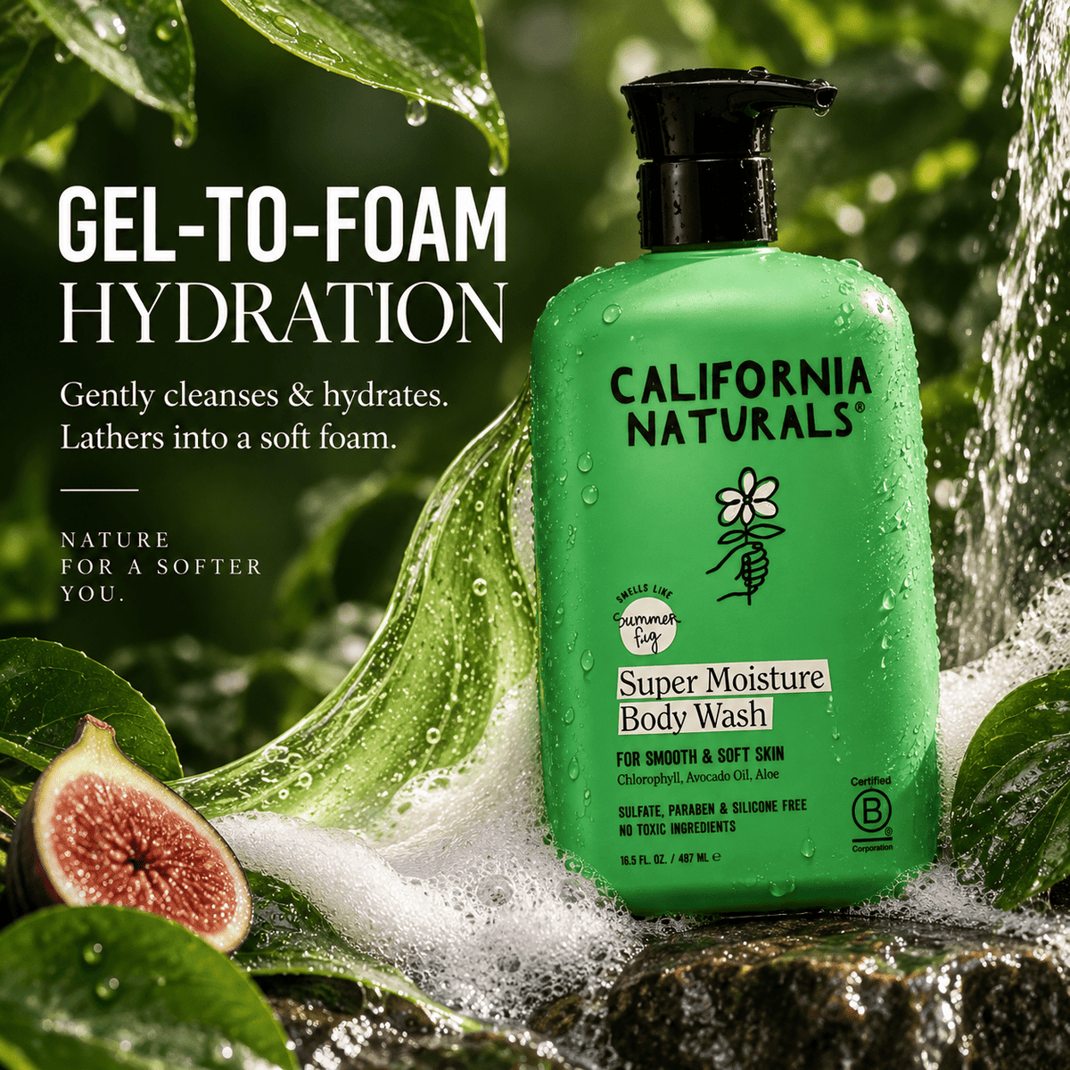 California Naturals Super Moisture Body Wash gel to foam hydration