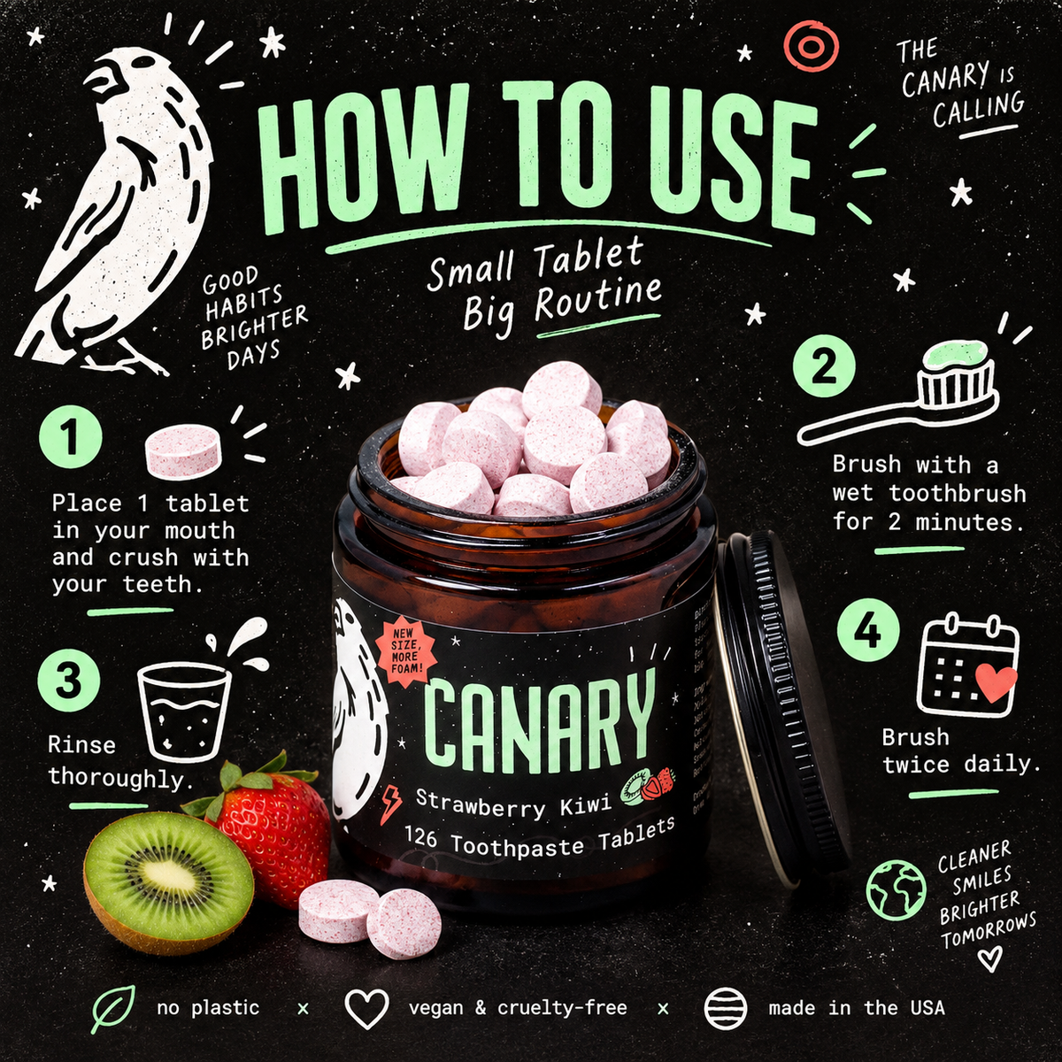 How to use Canary Strawberry Kiwi Toothpaste Tablets