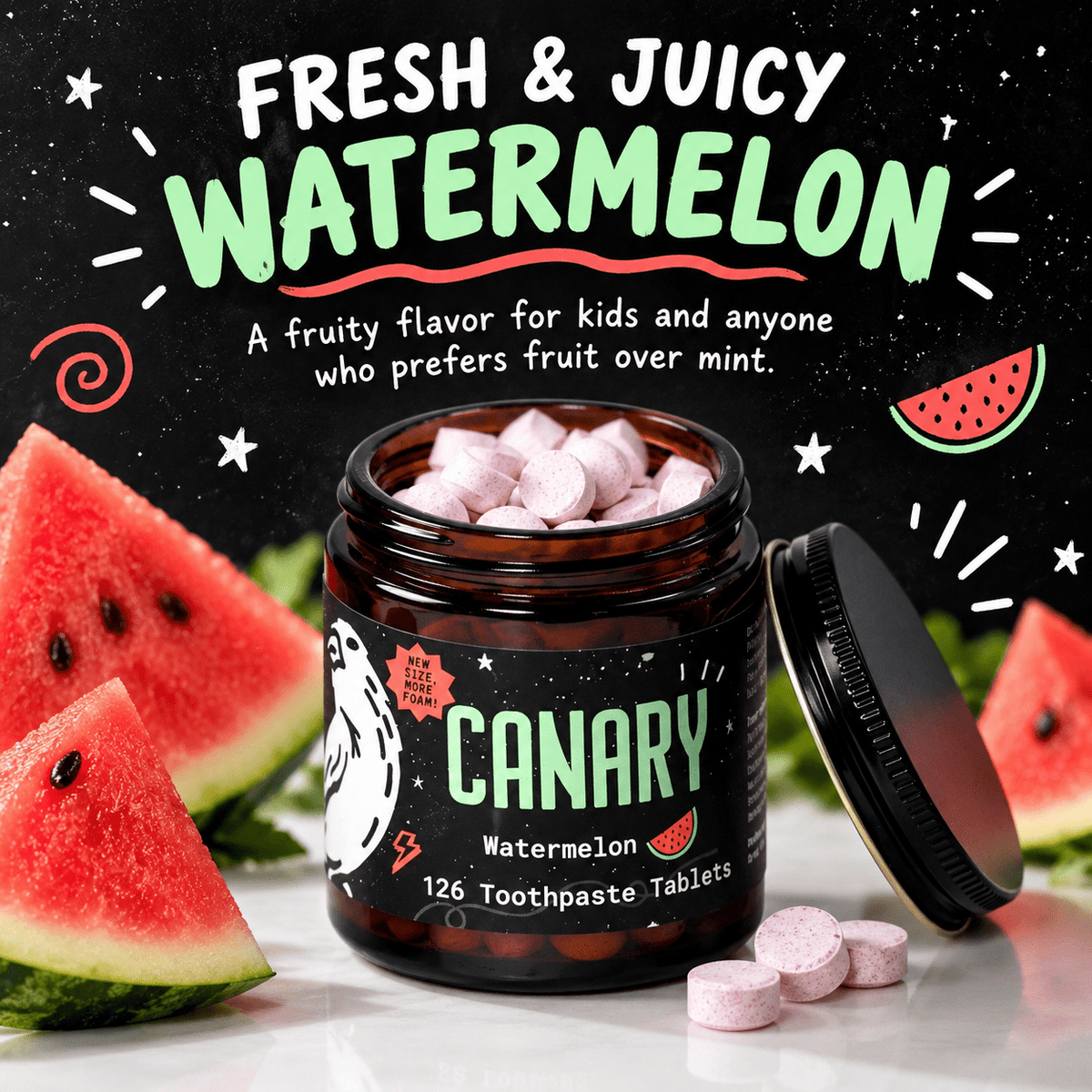 Canary Watermelon Toothpaste Tablets fresh and juicy watermelon flavor infographic