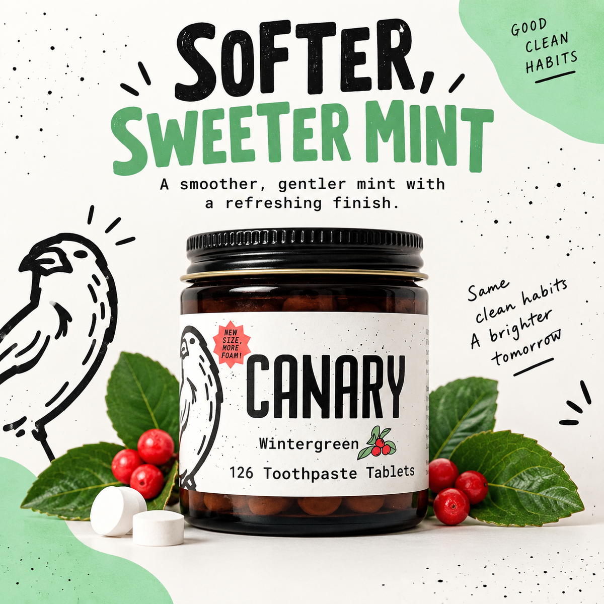Canary Wintergreen Toothpaste Tablets softer sweeter mint infographic