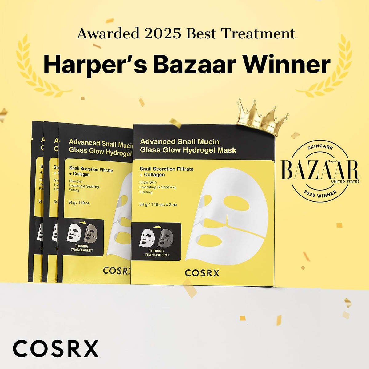 COSRX Advanced Snail Mucin Glass Glow Hydrogel Mask 3 Sheets - 2025 beauty award - English Amazon panel