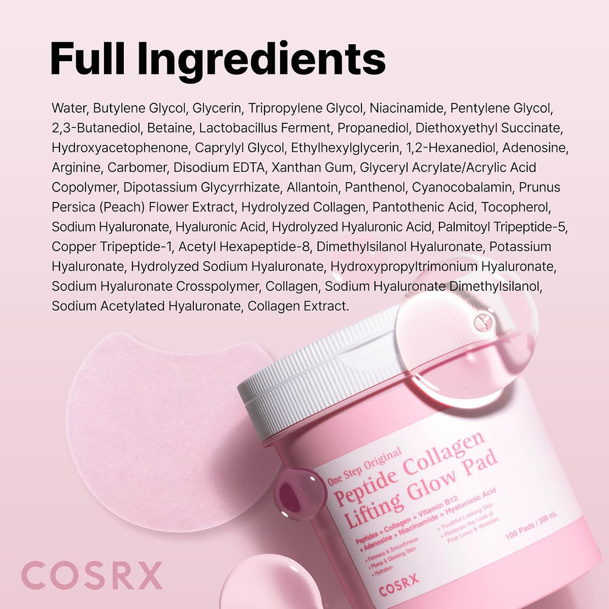 COSRX One Step Peptide Collagen Lifting Glow Pad 100 Pads - Full ingredients - English Amazon panel